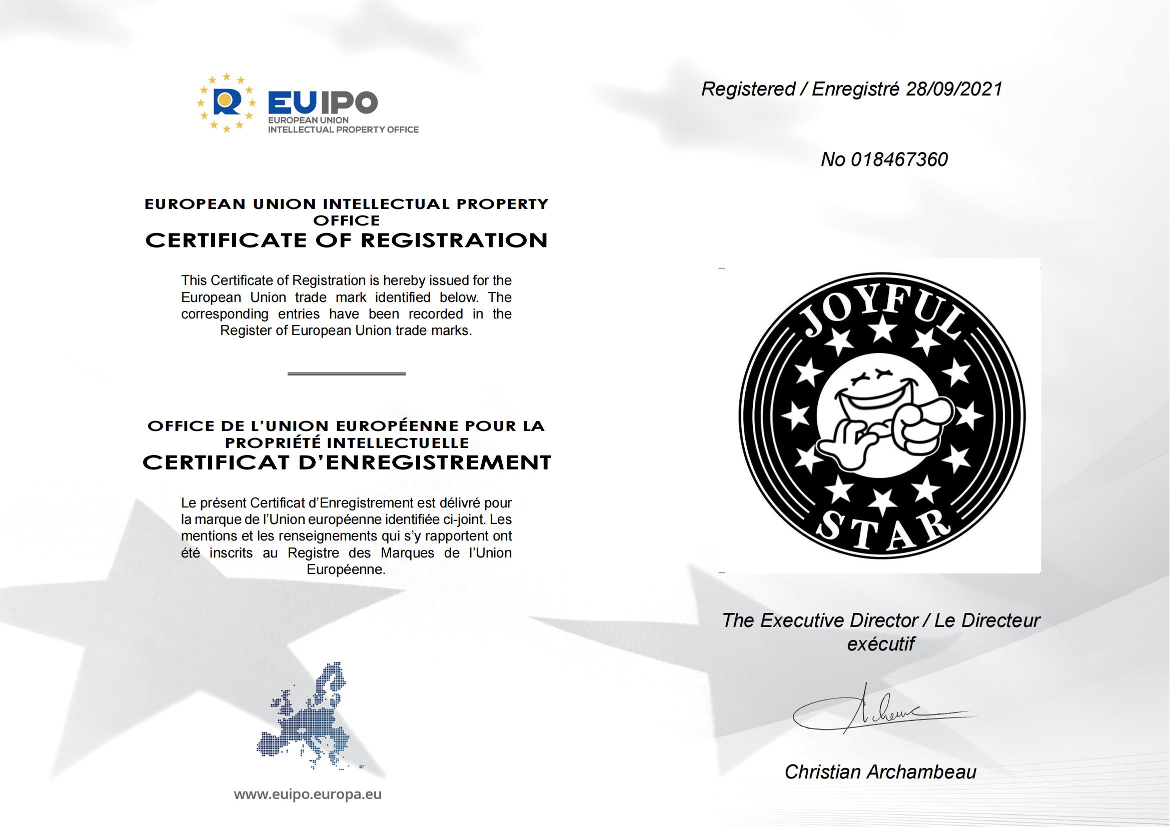 Joyful+Star+EU+Reg+Cert+EU+Trademark 43 Registration Certificate